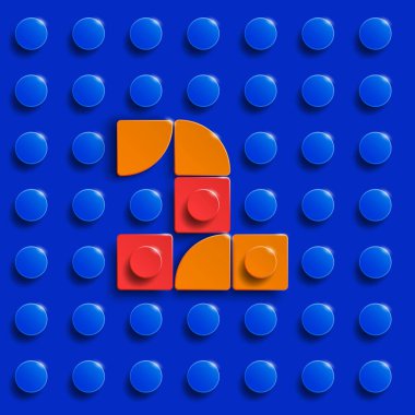 Plastik bina lego tuğlalarının vektör numaraları. Renkli lego numaraları. Mavi lego arka planı. Volumetrik lego noktaları elementleri. Üç boyutlu lego noktaları dört numara..