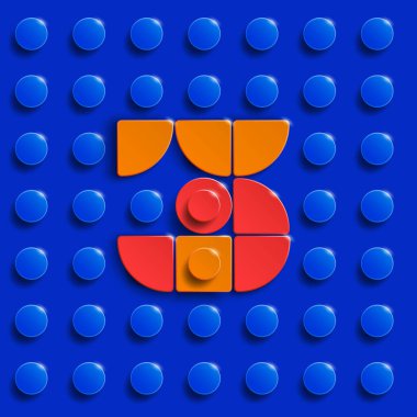 Plastik bina lego tuğlalarının vektör numaraları. Renkli lego numaraları. Mavi lego arka planı. Volumetrik lego noktaları elementleri. Üç boyutlu lego noktaları dört numara..