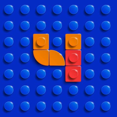 Plastik bina lego tuğlalarının vektör numaraları. Renkli lego numaraları. Mavi lego arka planı. Volumetrik lego noktaları elementleri. Üç boyutlu lego noktaları dört numara..