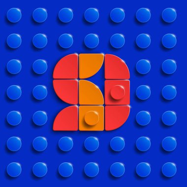 Plastik bina lego tuğlalarının vektör numaraları. Renkli lego numaraları. Mavi lego arka planı. Volumetrik lego noktaları elementleri. Üç boyutlu lego noktaları dokuz numara..
