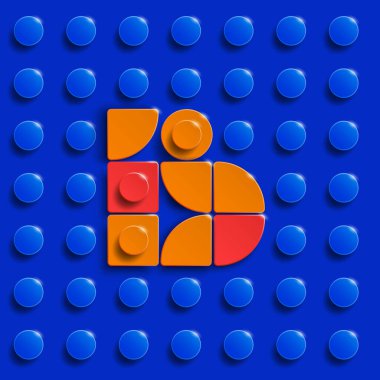 Mavi lego tuğlalı arka plan üzerine lego tuğlaları inşa etmekten B alfabesinin renkli harfleri. Mavi lego arka planı. 3D harf B. Gerçekçi harfler