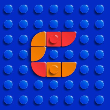 Mavi lego tuğlalı arka planda lego tuğlaları inşa etmekten C alfabesinin renkli harfleri. Mavi lego arka planı. 3 boyutlu C harfi. Gerçekçi harfler.