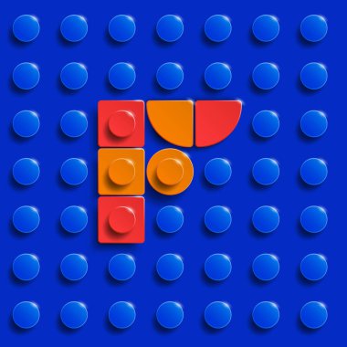 Mavi lego tuğlalı arka plan üzerine lego tuğlaları inşa etmekten gelen alfabenin F harfleri. Mavi lego arka planı. 3 boyutlu F harfi. Gerçekçi harfler.