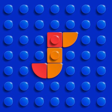 Mavi lego tuğlalı arka plan üzerine lego tuğlaları inşa etmekten gelen alfabenin J harfleri. Mavi lego arka planı. Üç boyutlu J harfi. Gerçekçi harfler