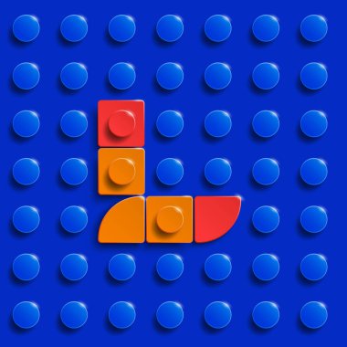 Mavi lego tuğlalı arka plan üzerine lego tuğlaları inşa etmekten L harfi. Mavi lego arka planı. 3 boyutlu L harfi. Gerçekçi harfler.