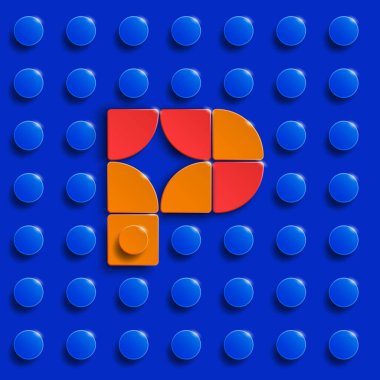Mavi lego tuğlalı arka planda lego tuğlaları inşa etmekten gelen P harfi alfabesi. Mavi lego arka planı. Üç boyutlu P harfi. Gerçekçi harfler.
