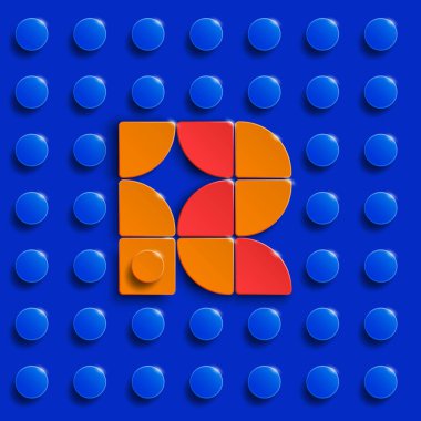Mavi lego tuğlalı arka planda lego tuğlaları inşa etmekten gelen alfabenin R harfleri. Mavi lego arka planı. 3 boyutlu R harfi. Gerçekçi harfler.
