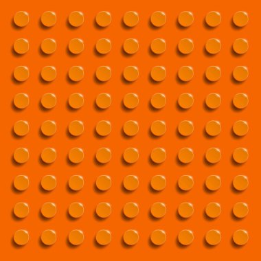 Plastik parlatıcı inşaat bloğunun mükemmel vektör arkaplanı. Turuncu lego. Turuncu plastik inşaat plakası. Tuğla yapımının 3 boyutlu vektör arkaplanı. Turuncu lego tuğla arka planı