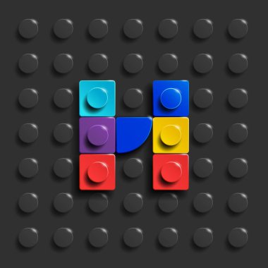 Siyah tuğla üzerine lego tuğlaları inşa etmekten gelen alfabenin H harfleri. 3D harfler. Gerçekçi harfler C. 3D harfleri, lego tuğlaları yapımından.