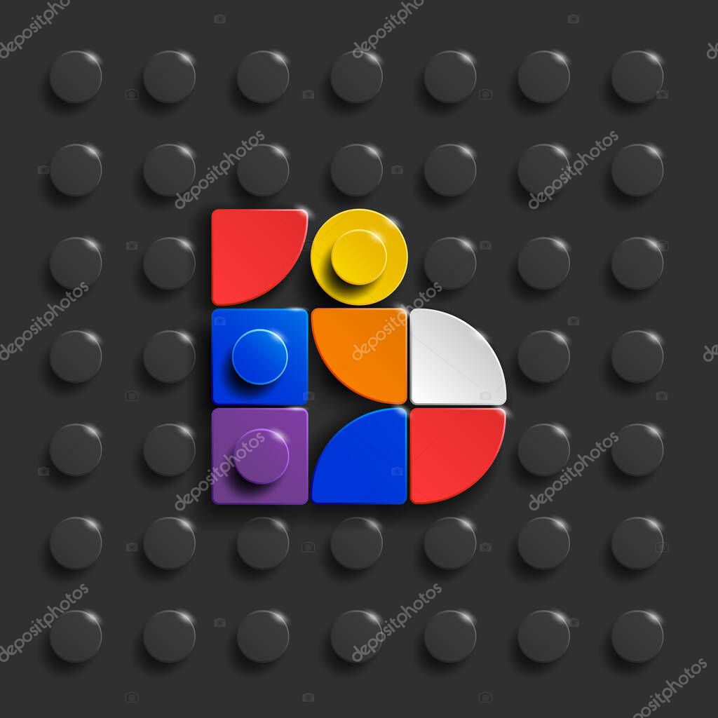 Colorful letters B of alphabet from building lego bricks on black brick background. 3d letters . Realistic letters C. 3d letters a from building lego bricks