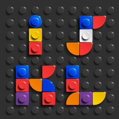 Siyah lego tuğlalı arka planda renkli lego alfabe harfleri. Üç boyutlu lego harfleri. Gerçekçi lego harfleri. Tuğla yapımından 3D lego harfleri