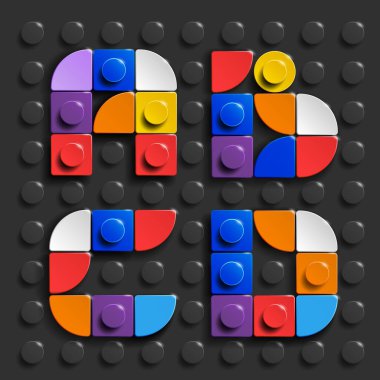 Siyah lego tuğlalı arka planda renkli lego alfabe harfleri. Üç boyutlu lego harfleri. Gerçekçi lego harfleri. Tuğla yapımından 3D lego harfleri