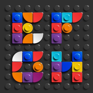 Siyah lego tuğlalı arka planda renkli lego alfabe harfleri. Üç boyutlu lego harfleri. Gerçekçi lego harfleri. Tuğla yapımından 3D lego harfleri