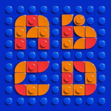 Mavi tuğlalı arka planda renkli lego alfabe harfleri. Üç boyutlu lego harfleri. Gerçekçi lego harfleri. Tuğla yapımından 3D lego harfleri