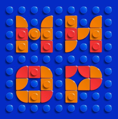 Mavi tuğlalı arka planda renkli lego alfabe harfleri. Üç boyutlu lego harfleri. Gerçekçi lego harfleri. Tuğla yapımından 3D lego harfleri