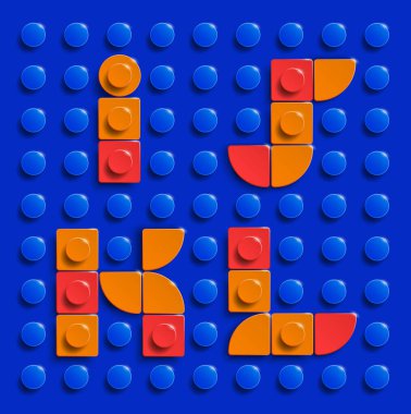 Mavi tuğlalı arka planda renkli lego alfabe harfleri. Üç boyutlu lego harfleri. Gerçekçi lego harfleri. Tuğla yapımından 3D lego harfleri