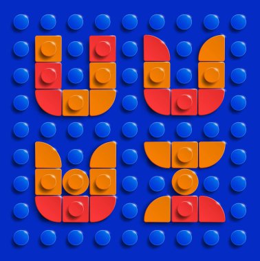 Mavi tuğlalı arka planda renkli lego alfabe harfleri. Üç boyutlu lego harfleri. Gerçekçi lego harfleri. Tuğla yapımından 3D lego harfleri