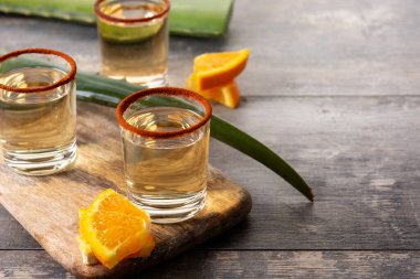Portakal dilimli Mezcal Meksika içeceği ve ahşap masada solucan tuzu. Boşluğu kopyala