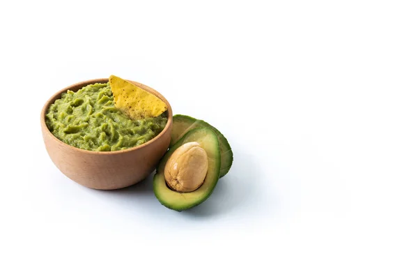 Mexikanische Guacamole Mit Nacho Chip Isoliert Auf Weißem Hintergrund Kopierraum — Stockfoto