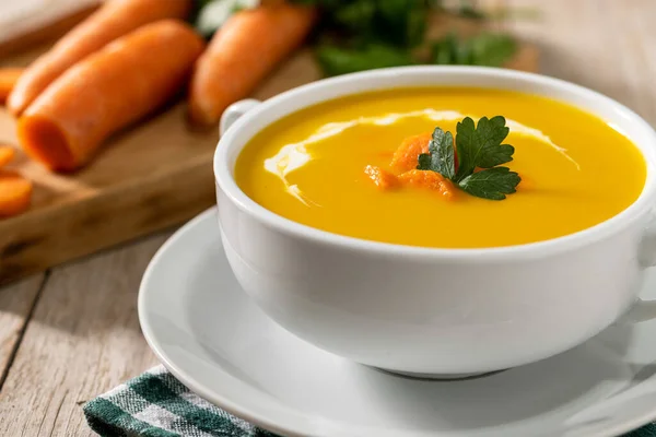Carrot Soup Cream Parsley Wooden Table — Foto Stock