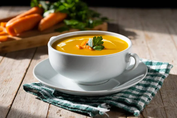 Carrot Soup Cream Parsley Wooden Table — Stockfoto