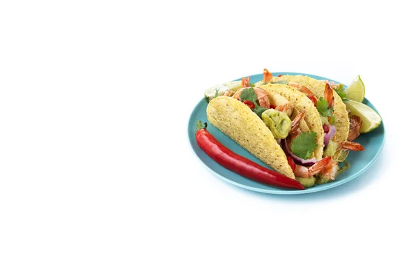 Tacos Mexicanos Con Camarones Guacamole Verduras Aisladas Sobre Fondo Blanco —  Fotos de Stock