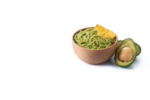 Mexikanische Guacamole Mit Nacho Chip Isoliert Auf Weißem Hintergrund Kopierraum — Stockfoto