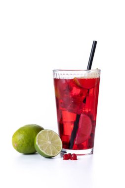 Cape Codder cocktail with vodka, cranberry juice and lime isolated on white background