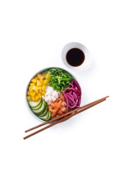 Poke bowl with rice, salmon,cucumber,mango,onion,wakame salad, poppy seeds ands sunflowers seeds isolated on white background