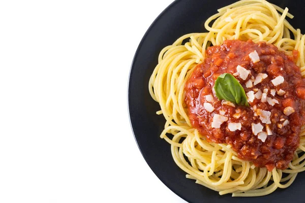 Espaguetis Con Salsa Boloñesa Aislada Sobre Fondo Blanco Vista Superior —  Fotos de Stock