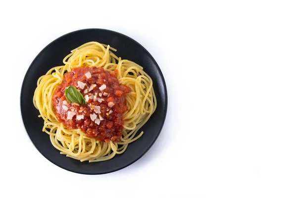 Spaghetti Met Bolognese Saus Geïsoleerd Witte Achtergrond Bovenaanzicht Kopieerruimte — Stockfoto