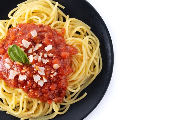 Spaghete Sos Bolognese Izolate Fundal Alb Privire Sus Copiați Spațiul — Fotografie, imagine de stoc