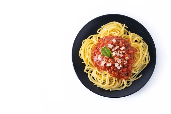Spaghete Sos Bolognese Izolate Fundal Alb Privire Sus Copiați Spațiul — Fotografie, imagine de stoc