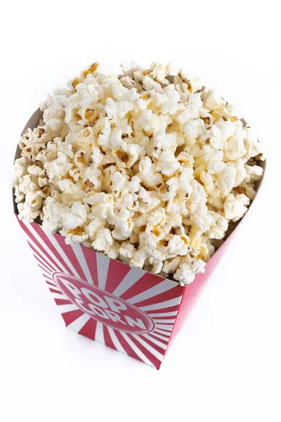Popcorn Red White Striped Cardboard Bucket Isolated White Background — Stock Photo, Image