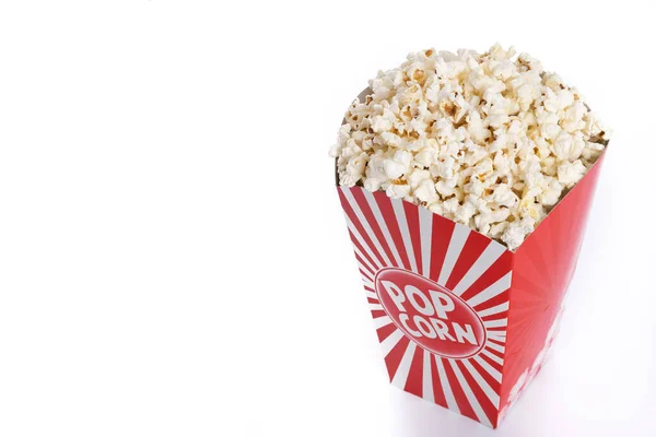 Popcorn Rood Wit Gestreepte Kartonnen Emmer Geïsoleerd Witte Achtergrond — Stockfoto