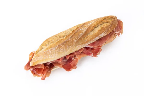 Sandwich Jamón Serrano Español Aislado Sobre Fondo Blanco — Foto de Stock