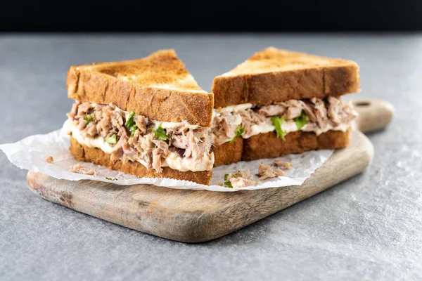 stock image Tuna sandwich with mayo and vegetables on gray stone background.