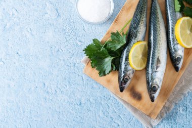 Mavi arka planda çiğ uskumru balığı tuzu. Üst Manzara. Boşluğu kopyala