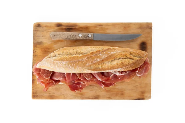 Spanisch Serrano Schinken Sandwich Isoliert Auf Weißem Hintergrund — Stockfoto