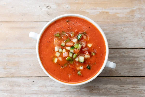 stock image Traditional Spanish gazpacho soup in bowl on wooden table