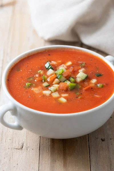 stock image Traditional Spanish gazpacho soup in bowl on wooden table