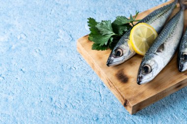 Mavi arka planda çiğ uskumru balığı tuzu. Boşluğu kopyala