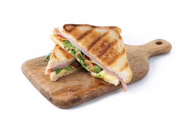 Бутерброд Шинкою Сиром Помідорами Руколою Ізольовано Білому Тлі — стокове фото