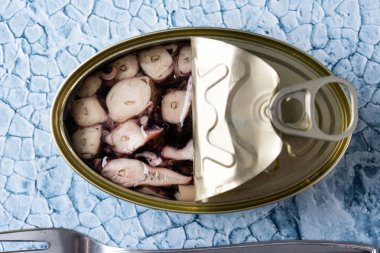 ahtapot mavi arkaplanda konserve