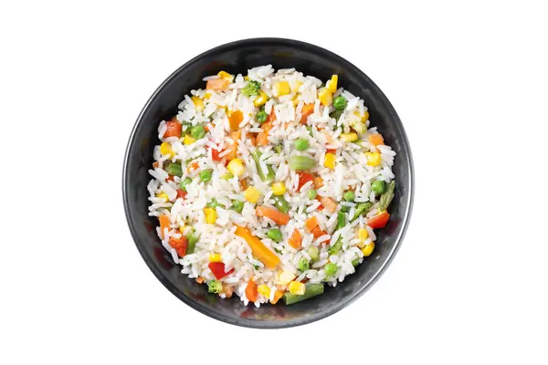 白い背景に隔離された黒いボウルに野菜が入った白米 ストック写真