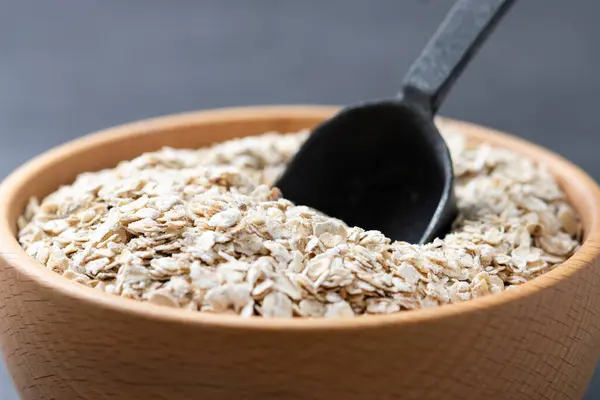 Rolled Oats Healthy Breakfast Cereal Oat Flakes Black Slate Background Stok Lukisan  