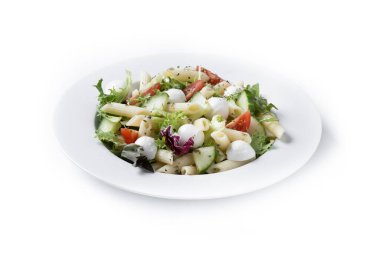 Pasta salad with vegetables and mozzarella cheese isolated on white background