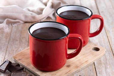 Sıcak çikolatalı içecek, kırmızı bardakta, ahşap masada.