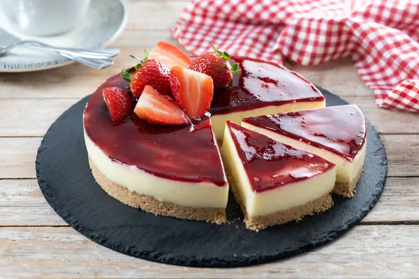 Tahta masada çilekli cheesecake dilimi