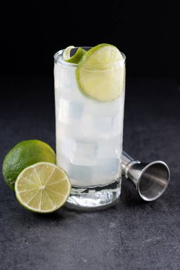 Siyah arka planda limonlu cin kokteyli.